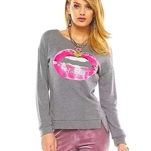 JUICY COUTURE Women’s Gray Pink White Sequin Lips Pullover Sweatshirt Size Large